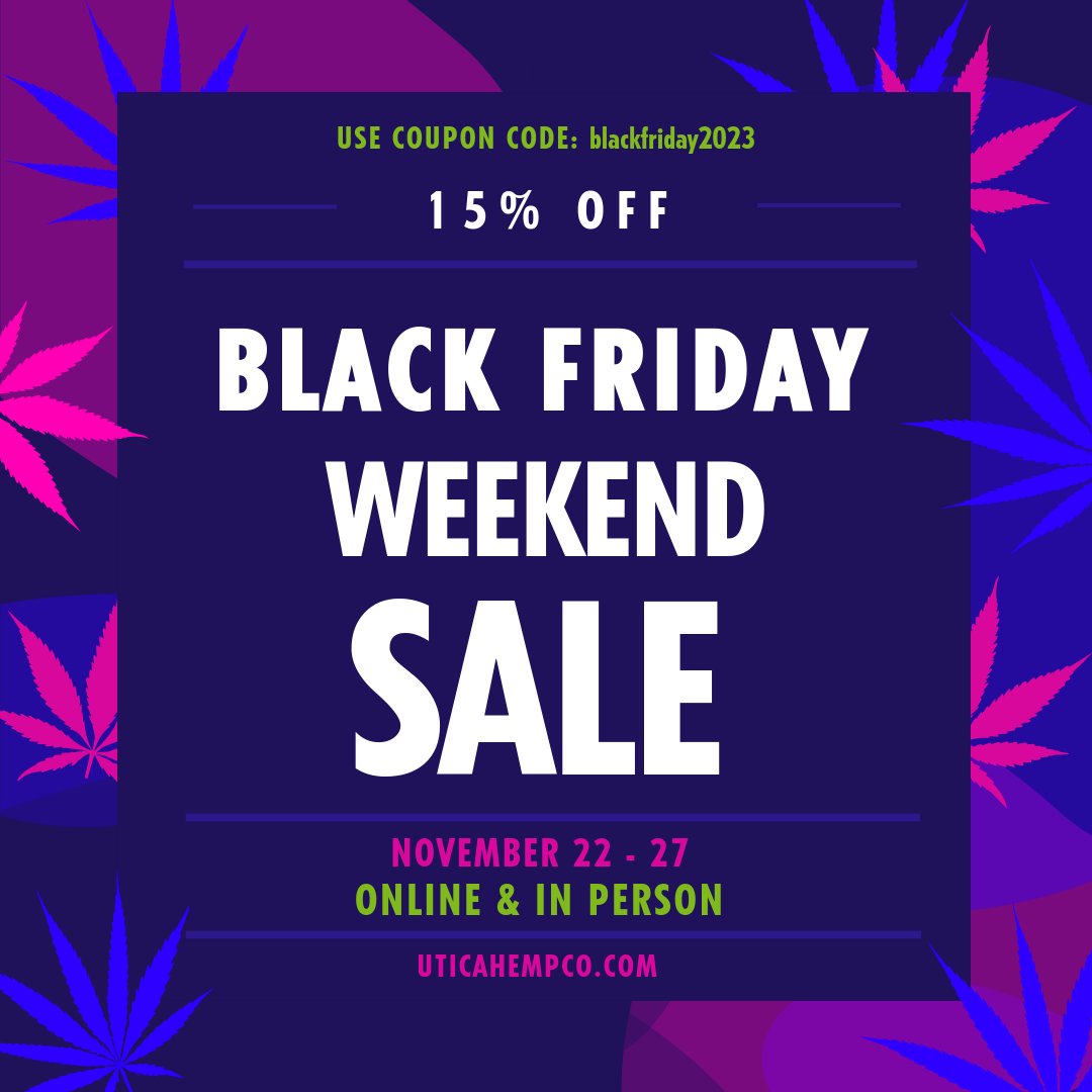 Today until the end of Monday, get 10% OFF your full purchase at Utica Hemp Co.! Offer good online and in-store. Visit shop.uticahempco.com and use coupon code "blackfriday2023" at checkout! Stock up and save today!!!