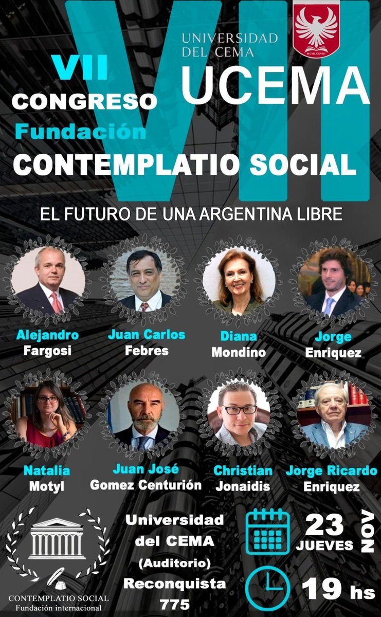 NosJovenesOk's tweet photo. ❗Mañana, Jueves 23 de Noviembre 19hs @juanjomalvinas estará participando del VII congreso de Fundación Contemplatio Social en la Universidad del Cema. https://t.co/VfGfIsfuc3