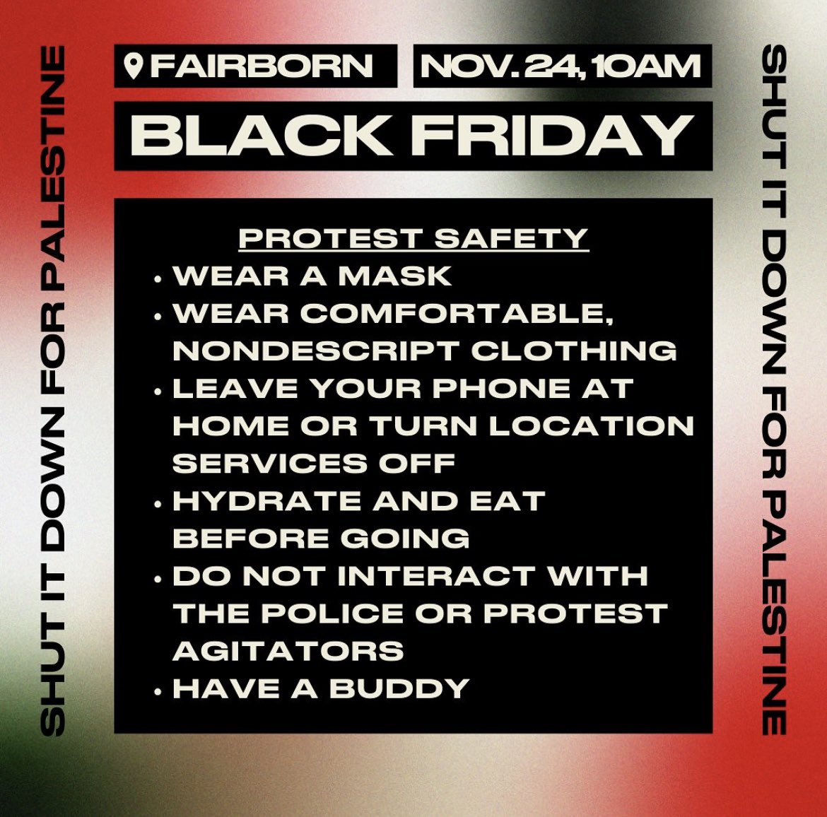 Let’s take to the streets in support of a free Palestine! We are calling for an end to the genocide being committed by Israel with US aid/weapons and a complete ceasefire in Gaza! Solidarity always ✊🏼⛓️