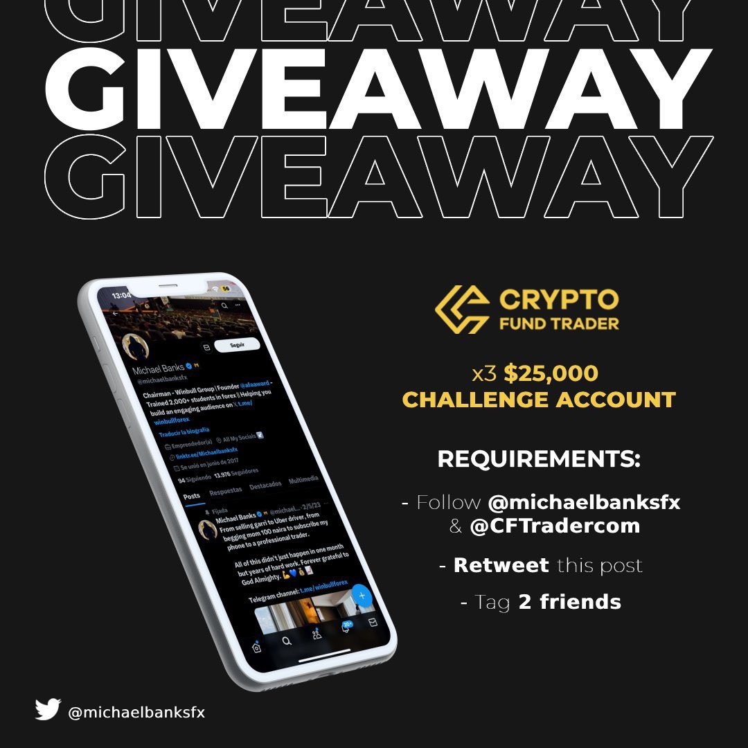 michaelbanksfx's tweet photo. 3 x $25k Giveaway 

Total account to be given out this week 8 now.

1. Follow 
@michaelbanksfx 
@winbulltrading 
@CFTradercom 
@Tranexxofficial  
@InixFavour 
@Forexblog_ 

2. Like and retweet

3. Tag 4 traders

4. Join telegram: https://t.co/rEnNX6hzvR

5. Join forexblog: https://t.co/0d4mC27bzs

48h ⚡️👇👇