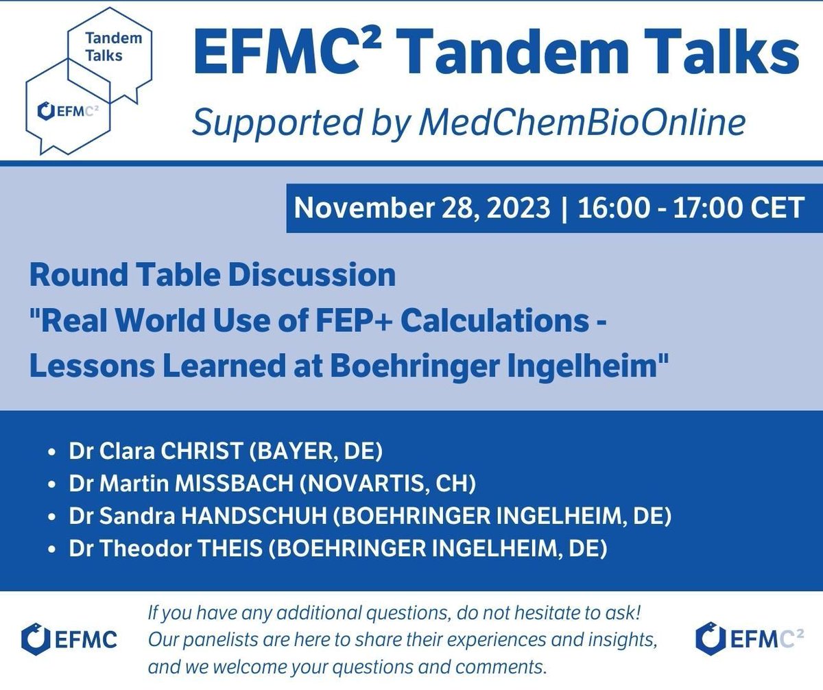 🚀 Do not miss the insightful Round Table Discussion on 'Real World Use of FEP+ Calculations' at the EFMC² Tandem Talks! 💻 Virtual Event 📅 November 28, 2023 | 16:00 - 17:00 CET 🔗 efmctandemtalks.org #EFMC2TandemTalks #ScienceCollaboration