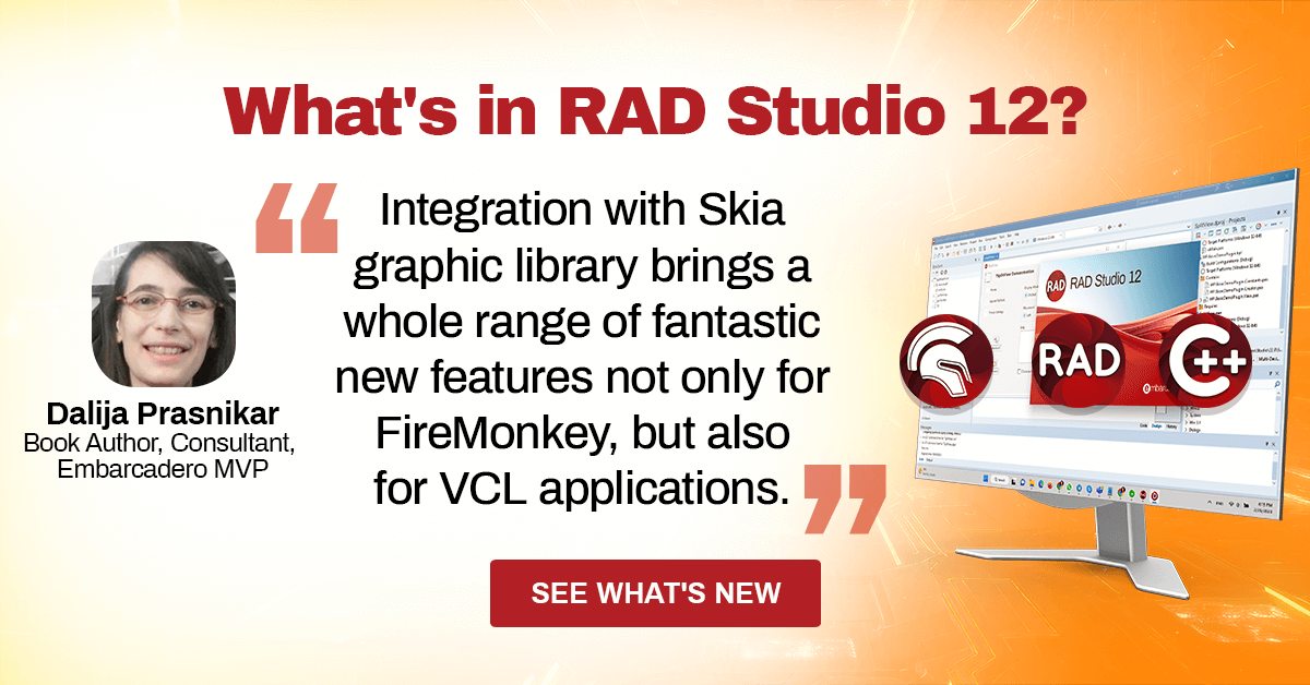 EmbarcaderoTech's tweet photo. "Integration with #SKIA graphic library brings a whole range of fantastic new features not only for #FireMonkey but also for #VCL applications." Dalija Prasnikar, Book Author, Consultant, Embarcadero MVP

See What's New in RAD Studio 12: https://t.co/XSbntCla1X https://t.co/ggow0GoWJY