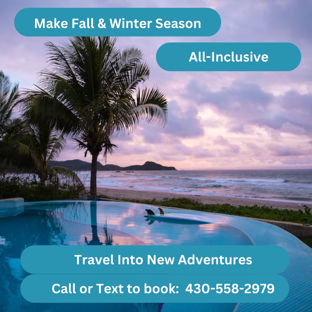 Escape the Winter Blues with a Caribbean Getaway!
Tired of the cold weather? Come bask in the sun, sand and sea at one of  many all-inclusive Caribbean resorts!
Call or Text to book:  430-558-2979
or visit us at travelintonewadventures.com

#TravelIntoNewAdventures #Caribbean