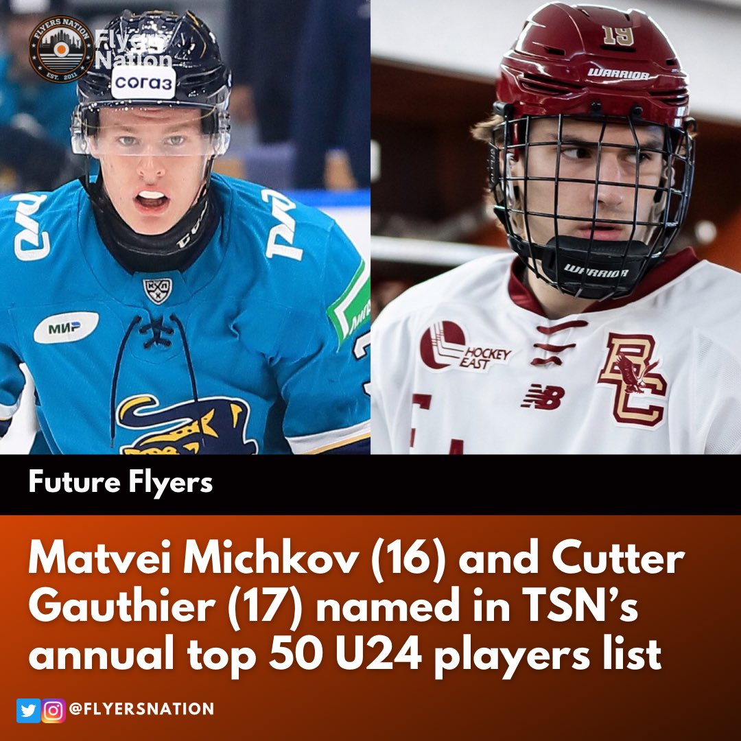 FlyersNation's tweet photo. Both Matvei Michkov (16) and Cutter Gauthier (17) made TSN’s annual top 50 U24 player list 👀👀

The #Flyers have the only two non-NHL players in the top 20…and you’d need to wait till Will Smith (San Jose) at #38 to find one not in the NHL/AHL. 

(@TSNHockey) https://t.co/bTHPoUm5SS