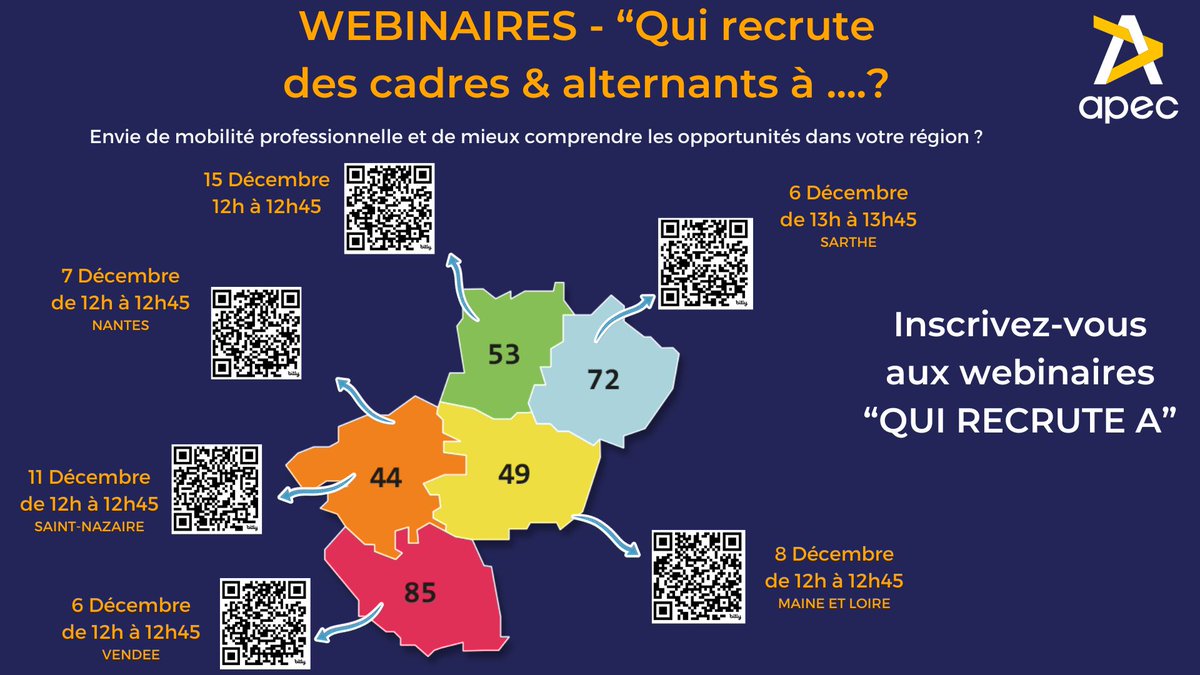 💻 WEBINAIRE "QUI RECRUTE A" 
Vendée le 6/12 👉bit.ly/47msmLj
Sarthe le 6/12 👉bit.ly/3uo5rRc
Nantes le 7/12 👉bit.ly/46jqule
Angers le 8/12 👉bit.ly/3SQCHuM
St Nazaire le 11/12 👉bit.ly/3G8B1VH
Laval le 15/12 👉bit.ly/46m7ySW