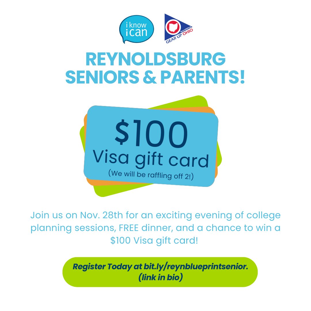 IKnowICan88's tweet photo. Reynoldsburg seniors and parents! 📢 Join us for an evening of helpful college planning breakout sessions on 11/28. We will be raffling off two $100 Visa gift cards and providing dinner for all attendees from 5pm-6pm! Register at https://t.co/14fpvdBEYQ. https://t.co/c61kwKGAFs