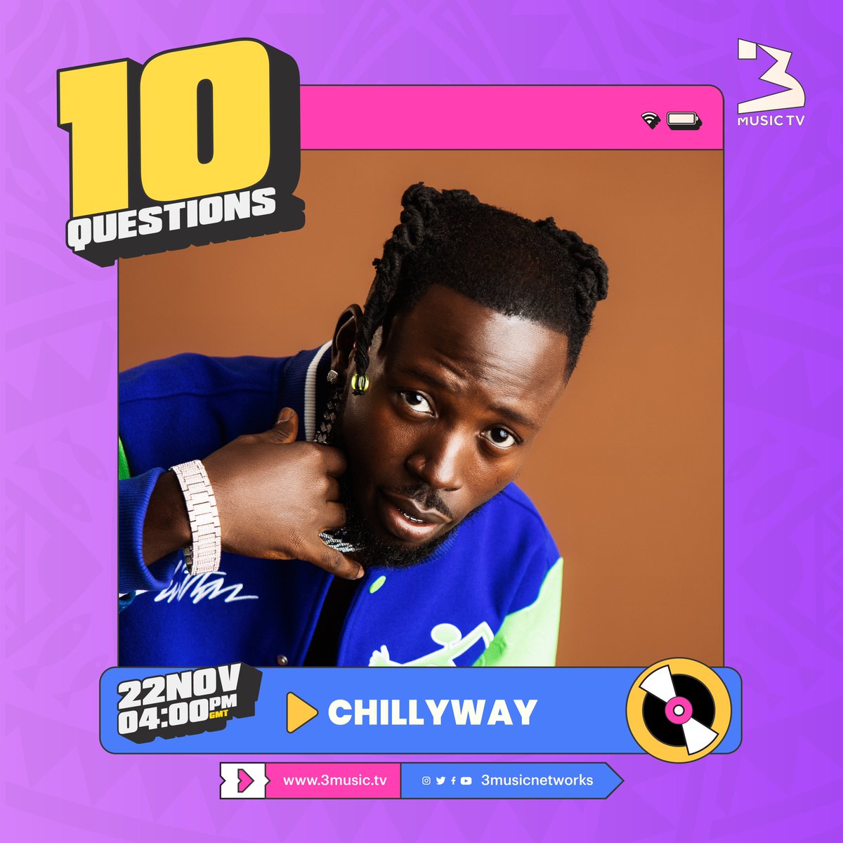 Ladies and gentleman. We have @Chillyway on #10QUESTIONS.

Tune in to #3MusicTV now!