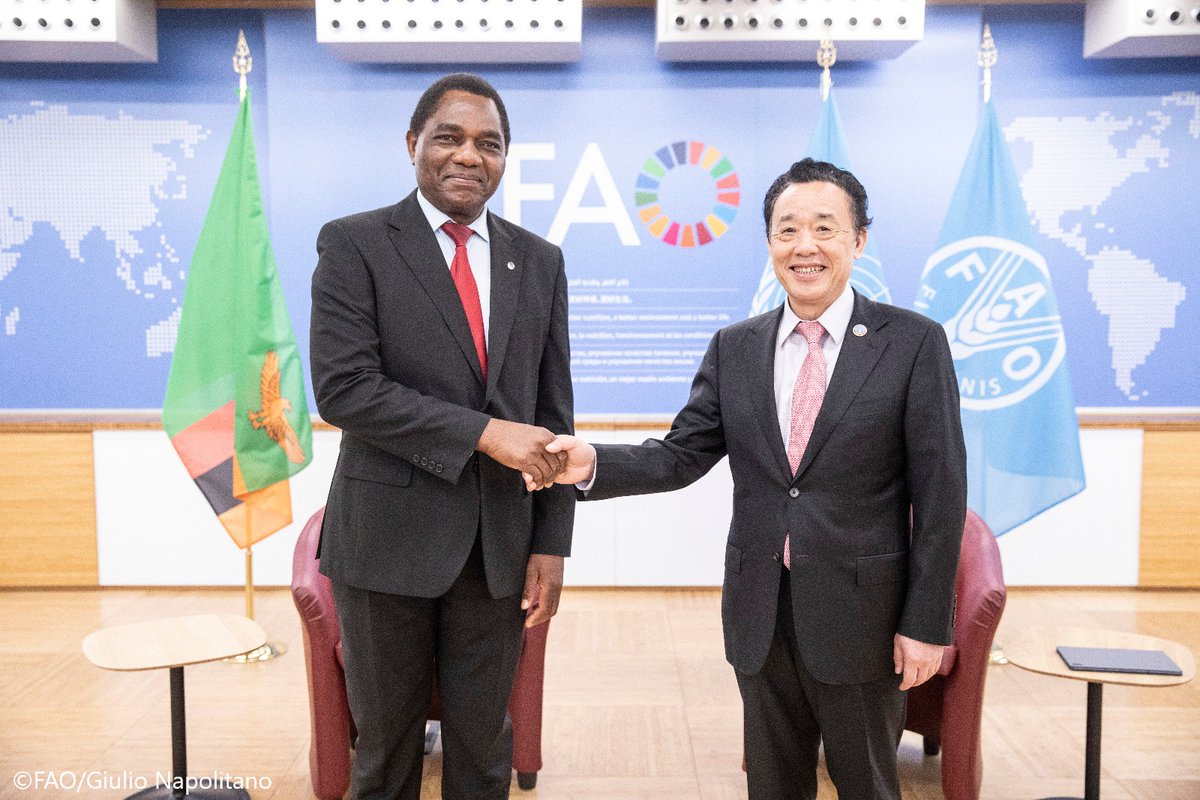 FAODG's tweet photo. I had the honour to meet HE President @HHichilema of Zambia. @FAO will continue to support Zambia in our common vision to transform agrifood systems through enhanced production &amp; productivity, improved access to inputs, STI &amp; sustainable natural resource management. #FoodSecurity https://t.co/rXJkAjQUuL