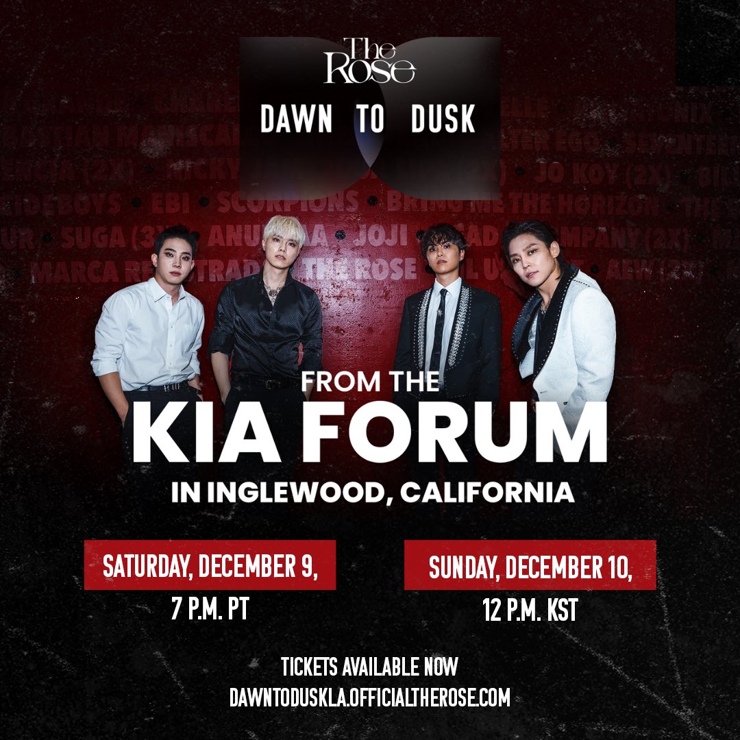 [DAWN TO DUSK TOUR]

Relive the Kia Forum in Inglewood, California

Streaming
12.09.23 - 7 p.m. PT
12.10.23 - 12 p.m. KST

🔗 Buy Tickets: dawntoduskla.officialtherose.com

#DAWNTODUSKTour