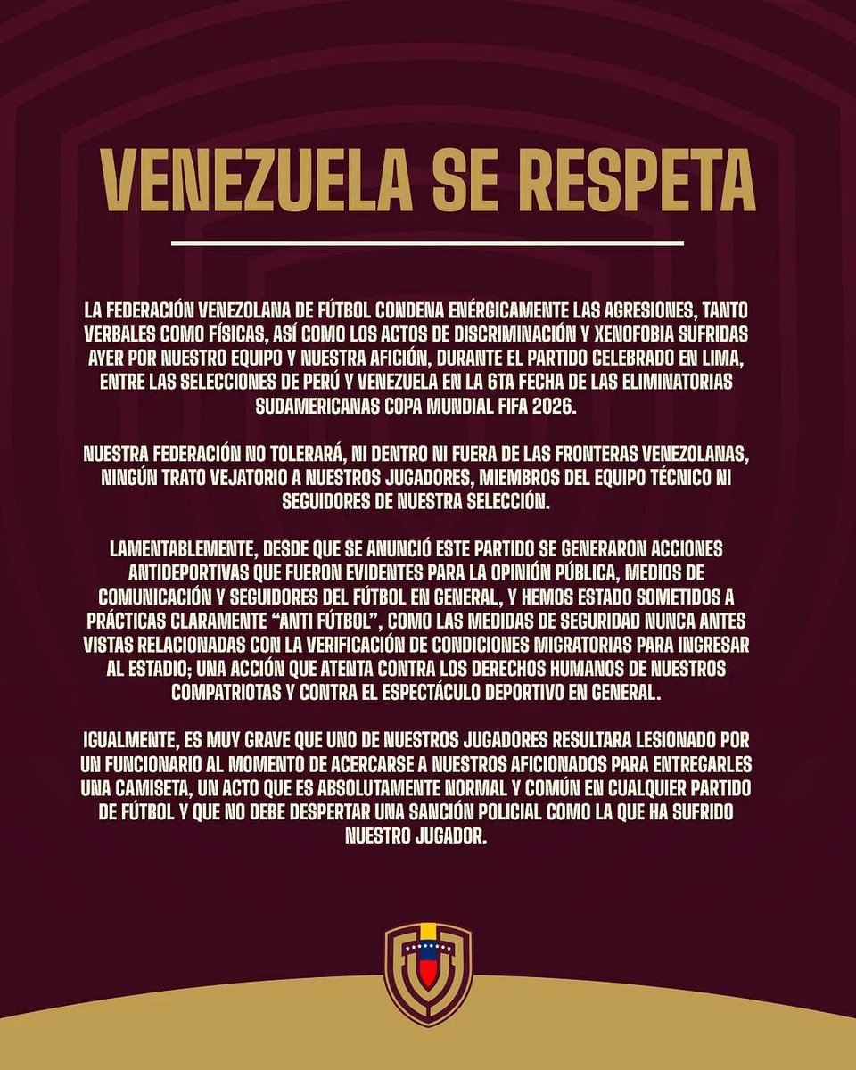 digitalsportsec's tweet photo. 🚨🇻🇪⚽️ Comunicado Oficial @SeleVinotinto ante los actos de violencia hacia los jugadores venezolanos por parte de la policía peruana, acontecidos en el partido en Lima por las Eliminatorias Sudamericanas. https://t.co/M5Nxb5jZxA