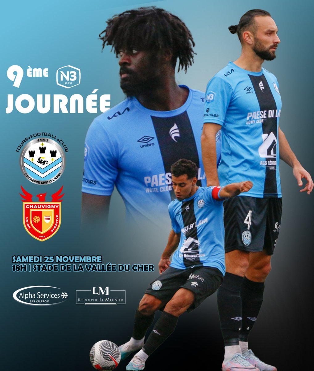 ToursFC's tweet photo. [🔜⚽ #TOURSUSC] Retour à domicile pour nos Tourangeaux qui recevront l'US Chauvigny ce samedi (18H) au stade de la Vallée du Cher à l'occasion de la 9ème journée de championnat.

#National3 | #ToursFC | #TousCielEtNoir 🔵⚫ https://t.co/F21RyucRjg