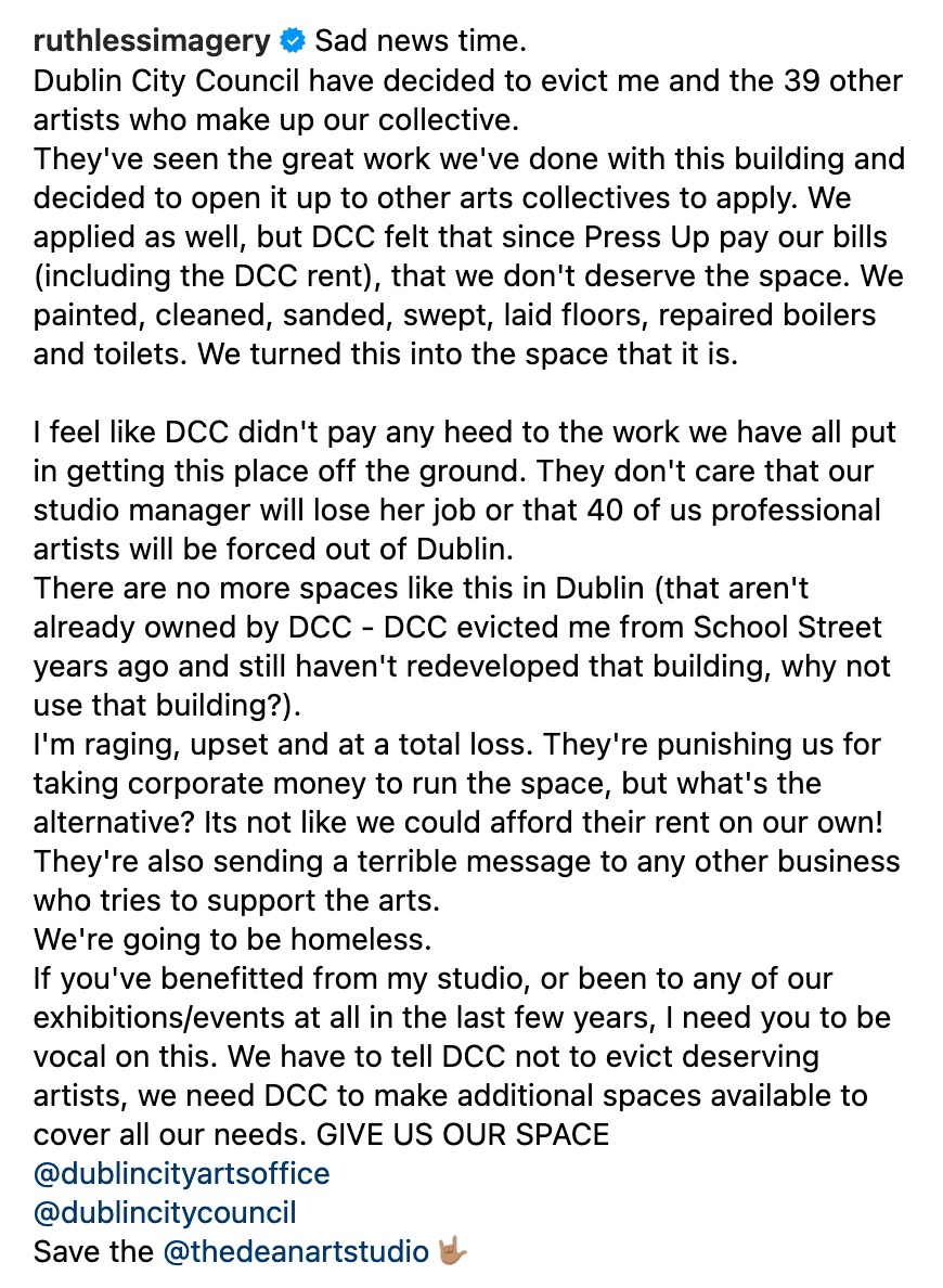 ruthlessimagery's tweet image. I'm utterly devastated here. Dublin City Council has decided to evict me and the 39 other artists in our collective, from a space that we gutted and cleaned and rescued from dereliction. This will definitely be the end of me and my career in Dublin.  @LabDCC @DubCityCouncil