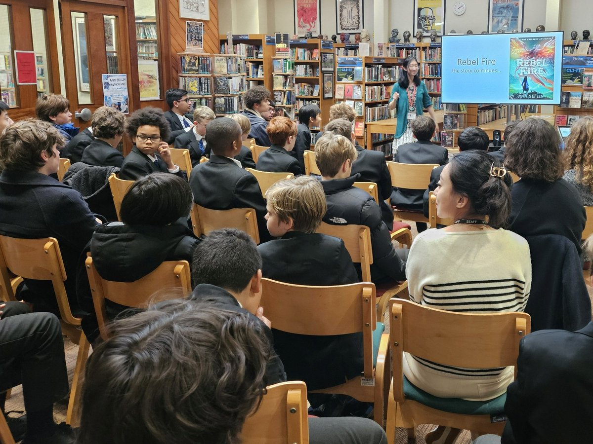 DCWodehouse's tweet photo. Thank you to Ann Sei Lin, who visited the Wodehouse Library @DulwichCollege to talk about her @TSBA_UK shortlisted book Rebel Skies! Pupils were fascinated by her discussion of her novels and the power of paper, and loved the chance to create their own shikigami. @AnnSeiLin1 https://t.co/OHfU6gsr4Q