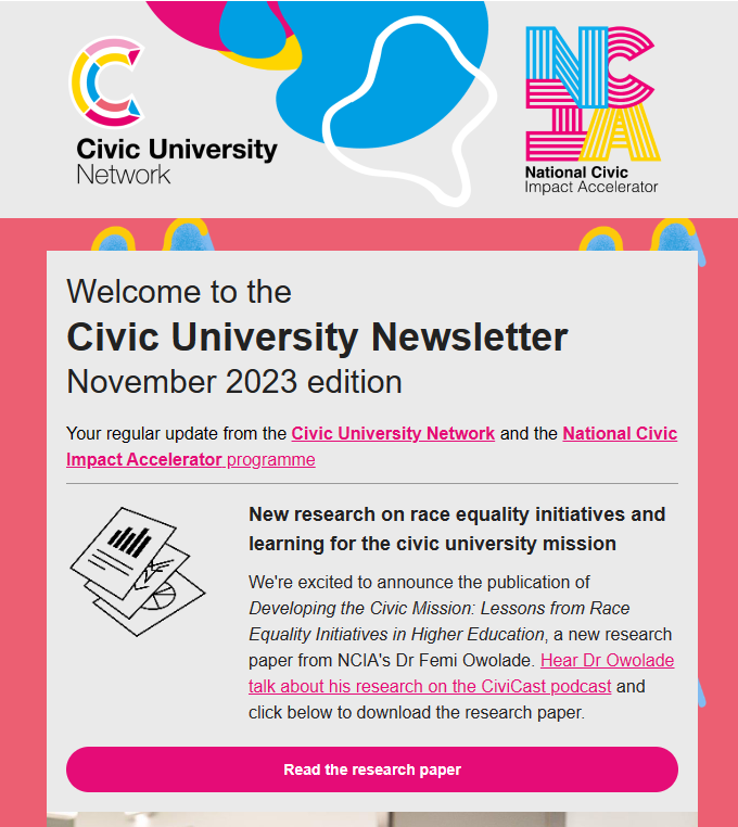 Our refreshed @civicuniversity and @NCIA_collab newsletter has arrived! With exciting #TrulyCivic insights, it's essential reading for those in the #HigherEducation sector that think #PlaceMatters

Not on the list? Sign up here: eepurl.com/hflOsb