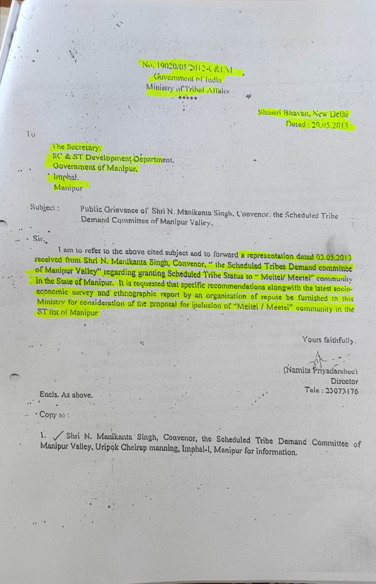 🚨 #Meitei demand for Scheduled Tribe. The Hill Areas Committee of the #Manipur Assembly, which represents interest of hill population has no objection to the Demand.  

“The inclusion of the particular community in the ST category will be decided on merits and not on the