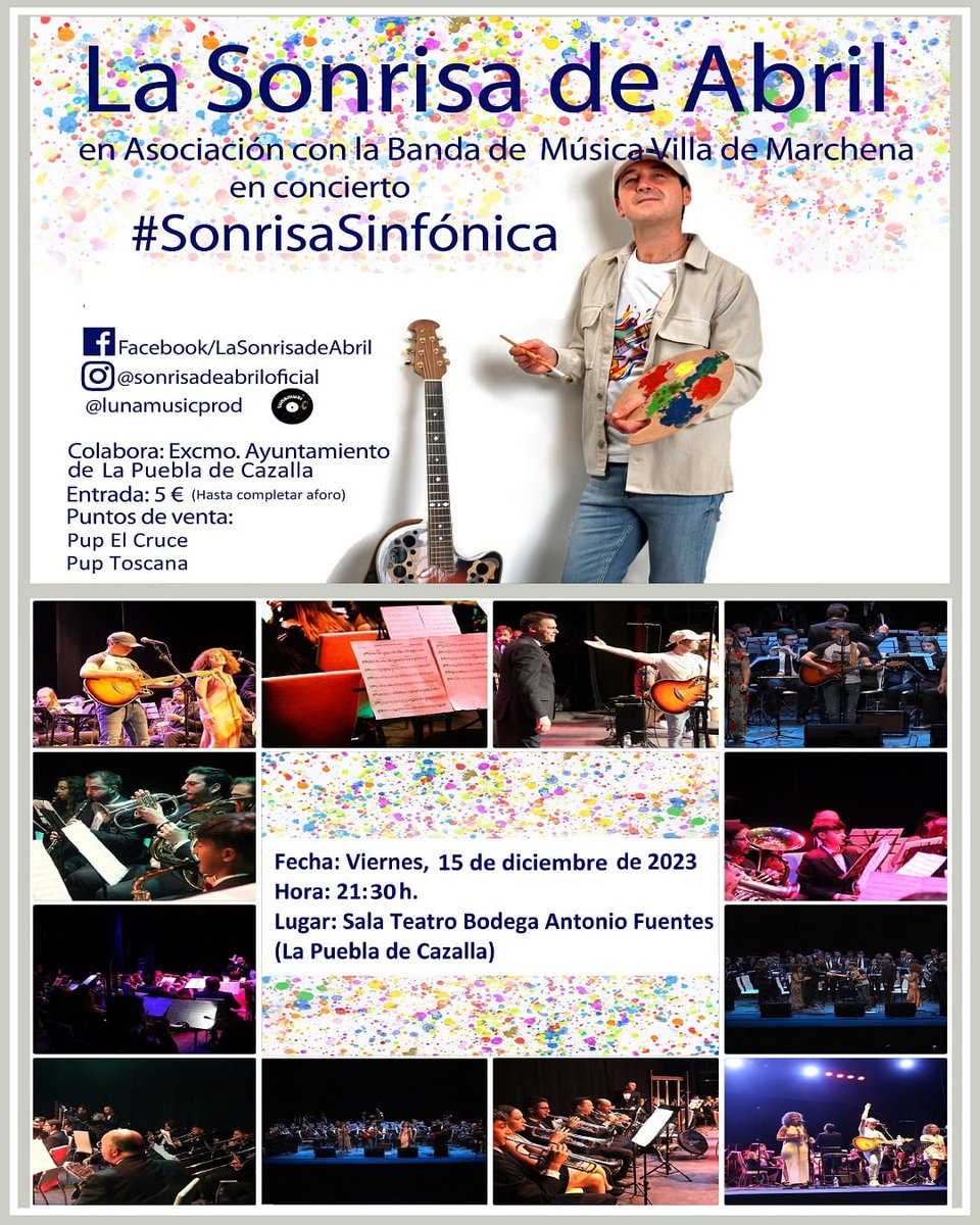 El VIERNES 15 de DICIEMBRE en la Sala Teatro "Bodega Antonio Fuentes" de La Puebla de Cazalla (21.30 h) vuelve #SONRISASINFONICA y vamos a volver a pasarlo en #GRANDE!!
No faltéis a la cita!

Lsa &amp; B.M.Villa de Marchena
🎸🎤 🎹🎷🎺🥁🎶❤️
