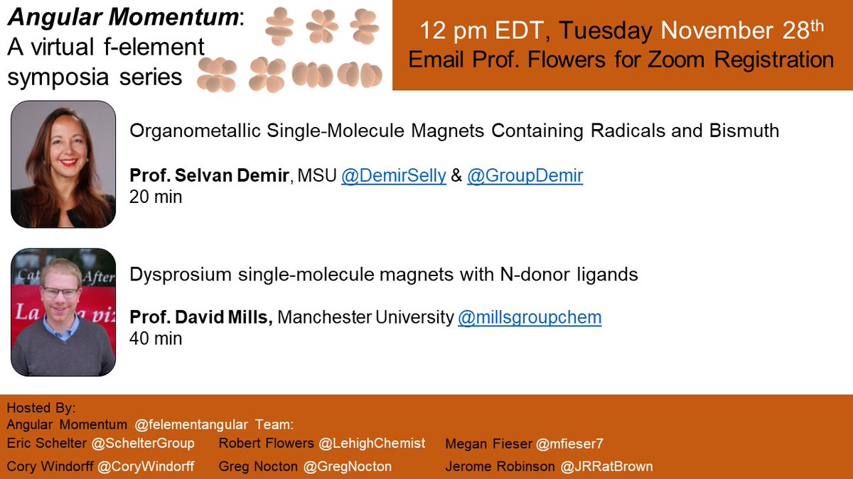 Angular Momentum (@felementangular) on Twitter photo < 1 week to Nov Angular Momentum!
Join us Nov 28, 12 pm ET, for outstanding talks from Prof. Selly Demir (<a href="/DemirSelly/">Selly Demir</a>) & Prof. Dave Mills (<a href="/millsgroupchem/">MillsGroup</a>)!
New registrants: Email Prof Flowers
#fblock #chemtwitter <a href="/InorgChem/">Inorganic Chemistry</a> <a href="/DaltonTrans/">DaltonTransactions</a> <a href="/EurJIC/">EurJIC</a> <a href="/InorgChemFront/">InorgChemFront</a> <a href="/ACSINORDivision/">ACSINORDivision</a> < 1 week to Nov Angular Momentum!
Join us Nov 28, 12 pm ET, for outstanding talks from Prof. Selly Demir (<a href="/DemirSelly/">Selly Demir</a>) & Prof. Dave Mills (<a href="/millsgroupchem/">MillsGroup</a>)!
New registrants: Email Prof Flowers
#fblock #chemtwitter <a href="/InorgChem/">Inorganic Chemistry</a> <a href="/DaltonTrans/">DaltonTransactions</a> <a href="/EurJIC/">EurJIC</a> <a href="/InorgChemFront/">InorgChemFront</a> <a href="/ACSINORDivision/">ACSINORDivision</a>