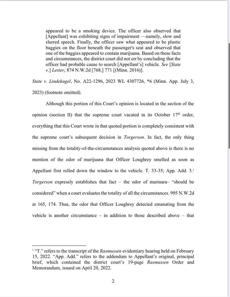 jeffobrien's tweet image. From the Hennepin County’s brief in State v. Lindekugel (a 2nd case involving warrantless searches for cannabis): “the odor of marinara– 'should be considered' when a court evaluates the totality of all the circumstances” macsnc.courts.state.mn.us/ctrack/documen… #tcnt