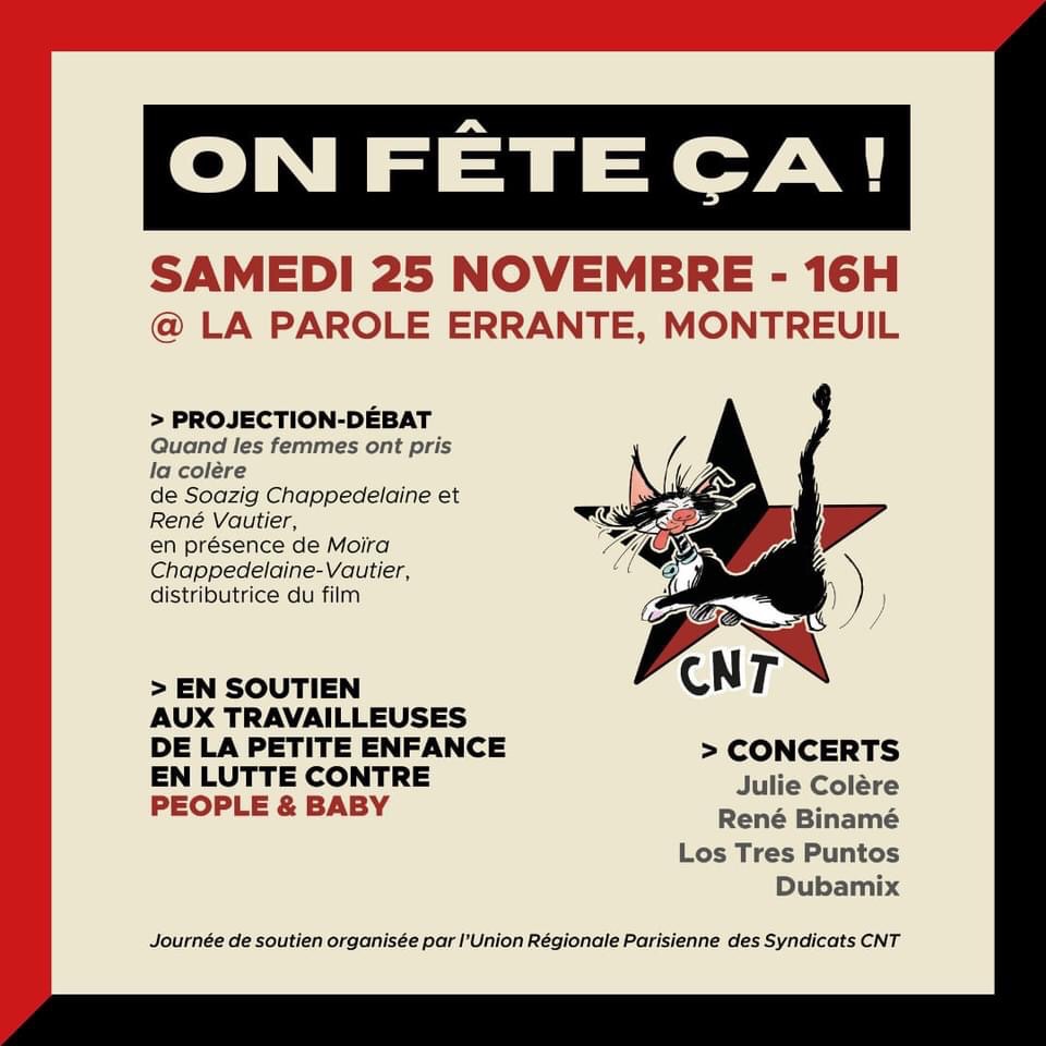 Nous avons gagné en cassation ! Fête de soutien CNT vs People &amp; Baby
Projection/débat + concert
#JULIEColère #RenéBinamé #LosTresPuntos #Dubamix 
#SeuleLaLuttePaie