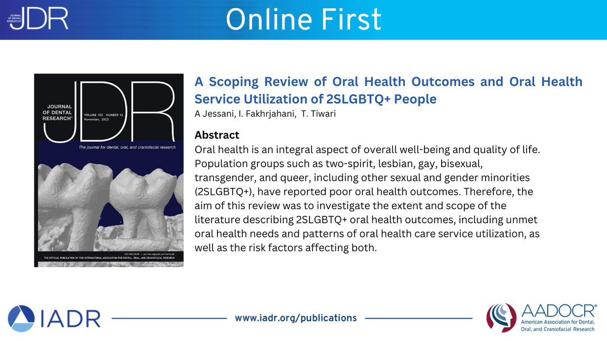 JDRClinTransRes's tweet photo. Online First - A scoping review of oral health outcomes and oral health service utilization of 2SLGBTQ+ people.
https://t.co/dphsvm7IQD
@NickJakubovics 
@JocelyneFeine
 @drjessani
 #IADR #AADOCR #oralhealth https://t.co/Q0dgCPGLc1
