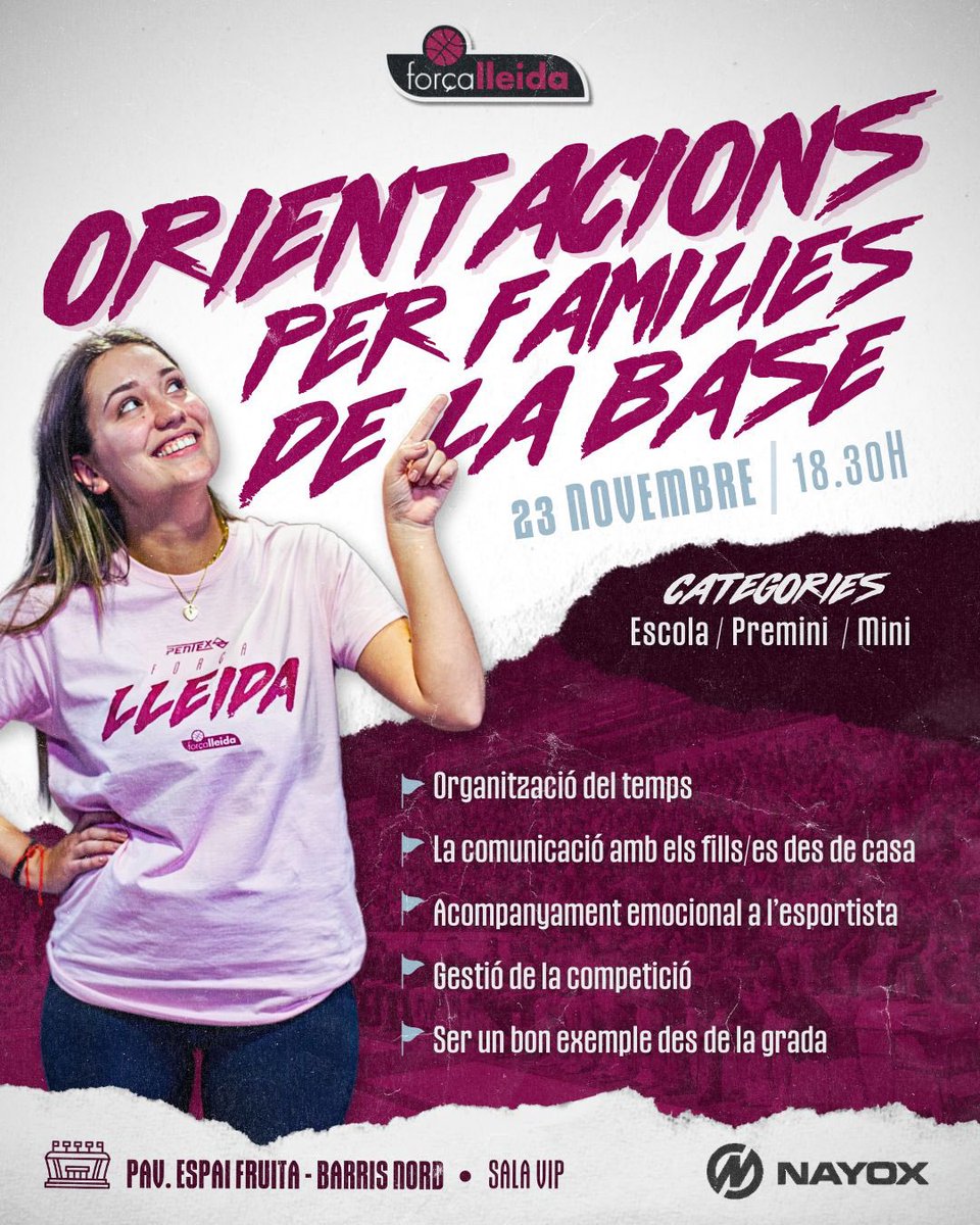 flleidabase's tweet photo. 🚨ATENCIÓ FAMILIES🚨
No podeu faltar demà a la xerrada orientativa centrada en les bones pràctiques i comportaments pel ben estar els nostres jugadors/es d’ESCOLA, PREMINI i MINI amb la psicòloga del club, @_noemibonet 👊💜

Us hi esperem‼️

#base #forçalleida #esport #bàsquet https://t.co/6sIswMvk4b