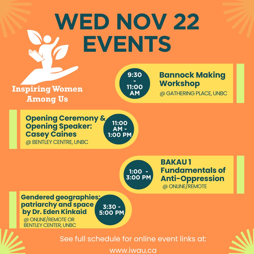 IWAU_Events's tweet photo. Check out these events happening today!
Pick your favourite event, have some fun and tag us! #iwau2023

Find links to online events in the detailed schedule on our website:
https://t.co/4XqniKDPoM
#feminist #fun #free @unbc @unbc_nwc https://t.co/eLg2xlwcAm