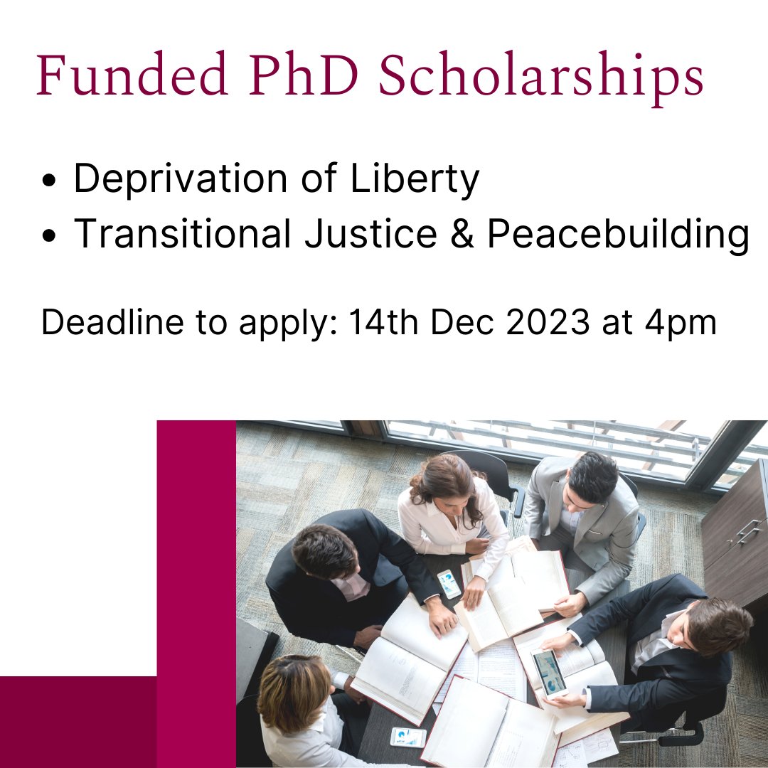 UniofGalwayLaw's tweet photo. We are delighted to offer two funded #PhDScholarships in Deprivation of Liberty supervised by Dr @MulgrewRoisin and Transitional Justice &amp; Peacebuilding supervised by @DrAnitaFerrara. Find out more at: https://t.co/vHGYDL4aqO https://t.co/op79lEe9jT
