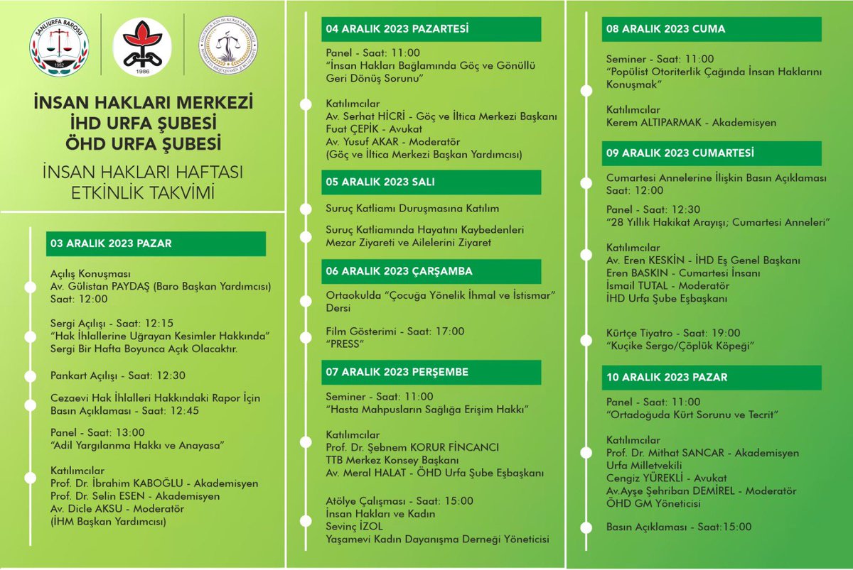 Şanlıurfa Barosu İnsan Hakları Merkezi, İHD Urfa Şubesi ve ÖHD Urfa Şubesi ortaklığında düzenlen İnsan Hakları Haftası programında Göç ve İltica Merkezi olarak 4 Aralık Pazartesi günü İnsan Hakları Bağlamında Göç ve Gönüllü Geri Dönüş Sorununu konuşacağız. Katılımınızı bekleriz.