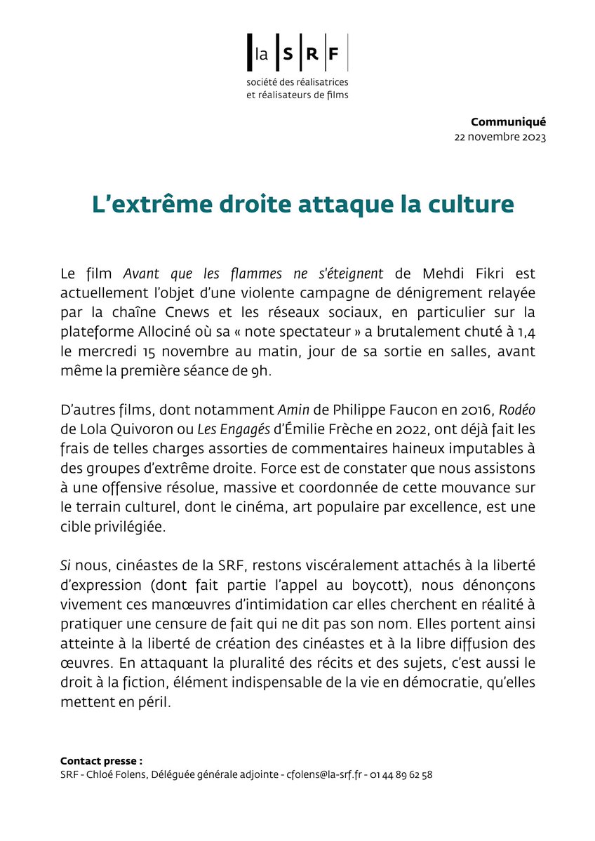 📣[COMMUNIQUÉ]
Nous assistons à une offensive résolue, massive et coordonnée de l'extrême droite sur le terrain culturel, dont le cinéma, art populaire par excellence, est une cible privilégiée.
@allocine 

#allocine #extremedroite #boycott #censure #cinemafrançais #srf