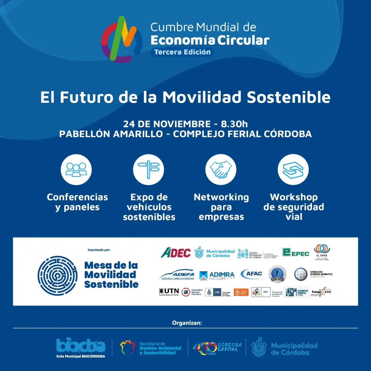 Metrop_MuniCba's tweet photo. ¡Sumate a la 3er Cumbre Mundial de Economía Circular!

📍Pabellón Amarillo del @complejoferialm
📌Viernes 24/11 - Desde 8:30hs

▶️Estaremos debatiendo los avances  sobre movilidad sostenible y prácticas tecnológicas sustentables♻️

#Economíacircular 
#Autosustentabilidad https://t.co/KHsVsgy0YW