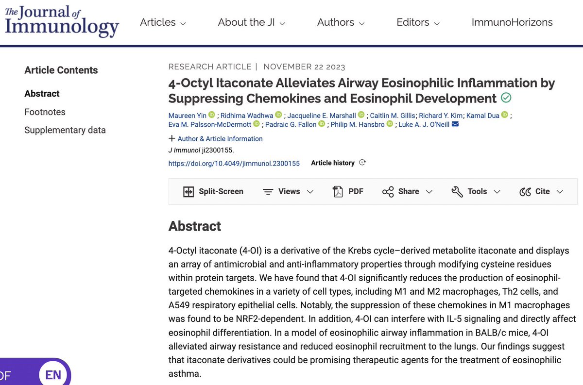 Excited to share our article is live on the Journal of Immunology! We explore an itaconate derivative's impact on eosinophil development & airway inflammation. Huge thanks to the incredibleteam and my PhD supervisor @laoneill111! @tcdTBSI 📚 #Research #Immunology