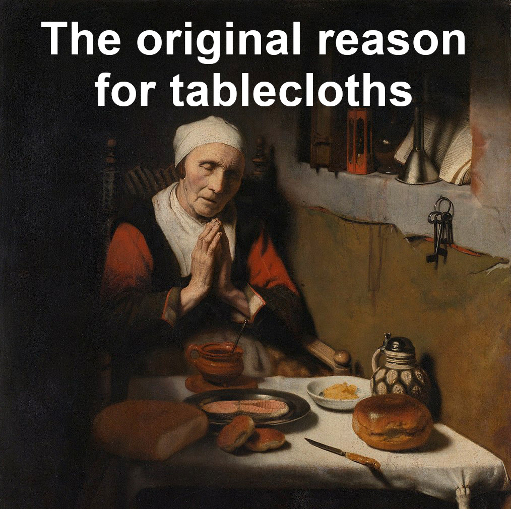 OddPickleball's tweet photo. You may be surprised at the original reason for tablecloths. Find out at https://t.co/z61W6nKh9J (#tablecloth, #tableManners, #manners, #dinner, #eating, #repast, #culinary, #history, #EuropeanHistory, #meal, #eveningMeal, #breakfast) https://t.co/8M9iFrvmQn