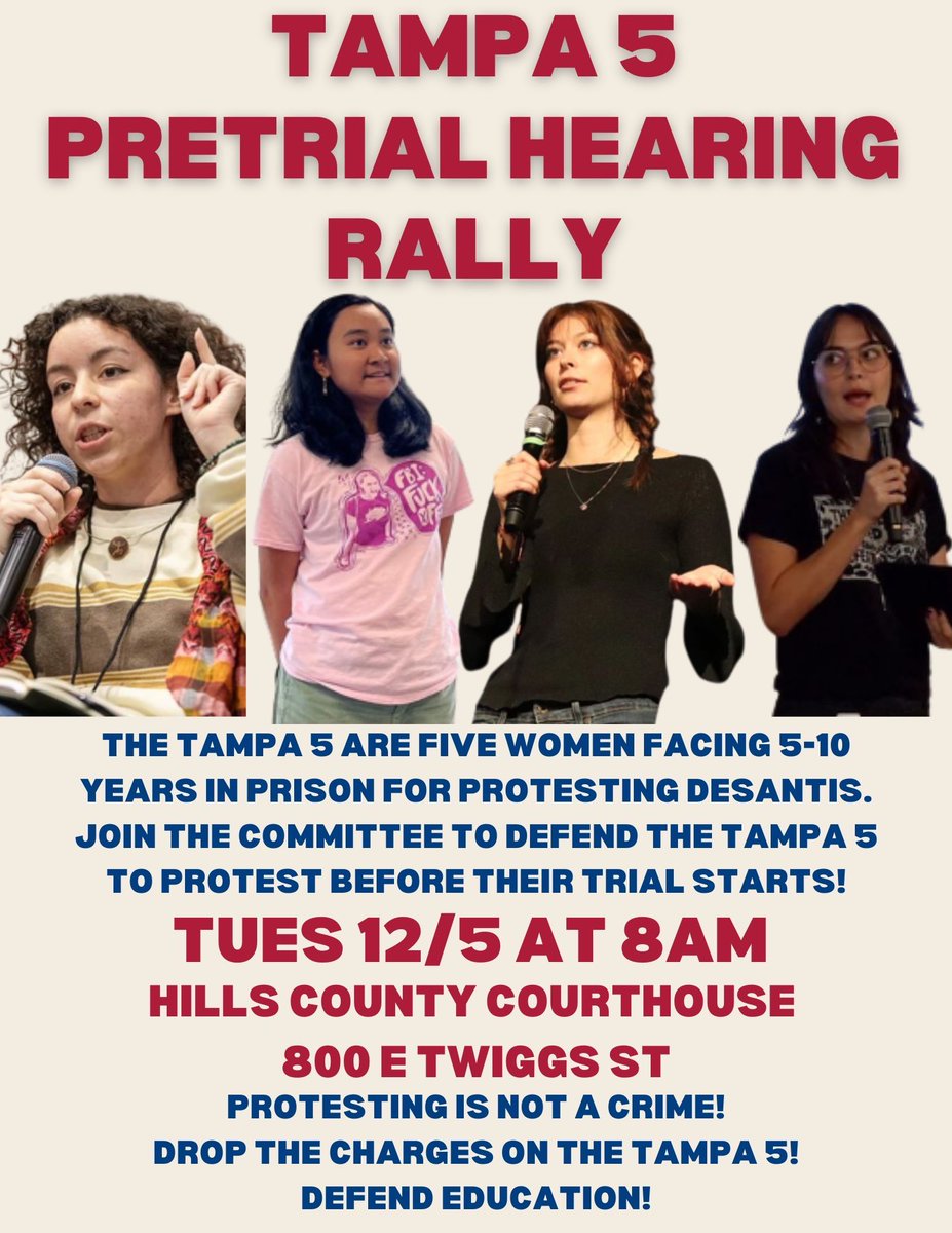 Join us to rally in support of the #Tampa5 at their last pretrial hearing!

Tues Dec 5
8am
Edgecomb Courthouse 
800 E Twiggs St