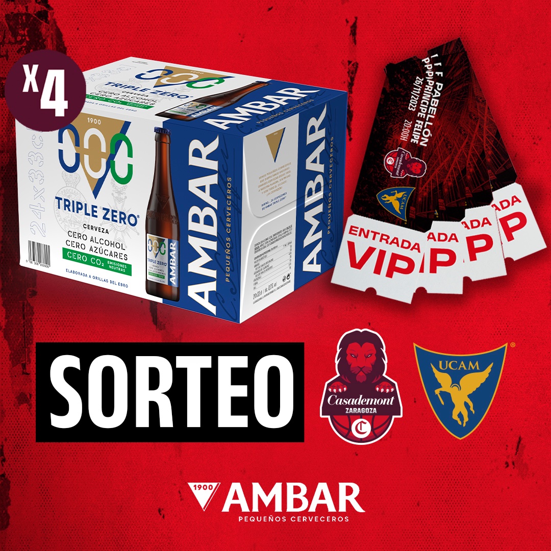 🏀SORTEO🏀 con <a href="/casademontBZ/">Casademont Zaragoza</a> 

Consigue 2 entradas dobles para disfrutar del partido entre Casademont y <a href="/UCAMMurcia/">UCAM Murcia</a> + 2 packs Triple 0 entregadas por uno de los jugadores. 

Pasos:
- Dar RT
- Seguir a <a href="/cervezasambar/">Cervezas Ambar</a> y <a href="/casademontBZ/">Casademont Zaragoza</a> 

Tenéis hasta el viernes 24 a las 10h