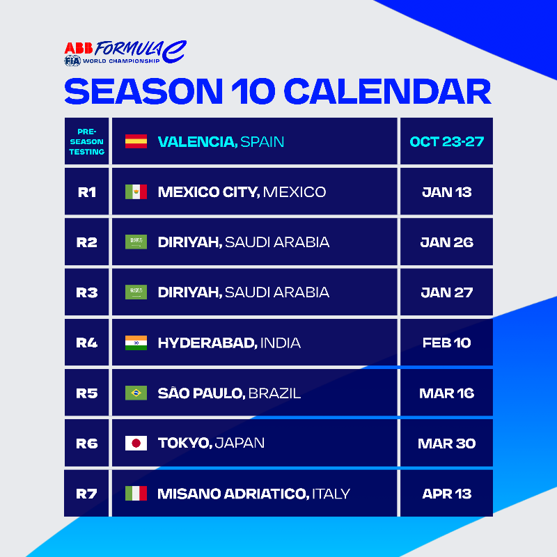 FIAFormulaE's tweet photo. Our 𝗕𝗜𝗚𝗚𝗘𝗦𝗧 calendar ever! ⚡️

Misano joins Tokyo and Shanghai, along with a double-header in Portland, to complete our historic 17-race calendar for our 10th season.
