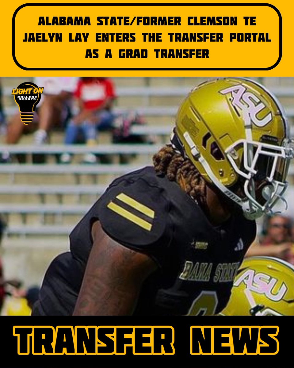 LIGHT ON COLLEGE SPORTS (@lightonsports) on Twitter photo Alabama State/Former Clemson Tight End Jaelyn Lay has entered the transfer portal as a graduate transfer, per <a href="/farrellportal/">FarrellPortal</a> .
<a href="/1JLay/">Big Mudd๐</a> Alabama State/Former Clemson Tight End Jaelyn Lay has entered the transfer portal as a graduate transfer, per <a href="/farrellportal/">FarrellPortal</a> .
<a href="/1JLay/">Big Mudd๐</a>