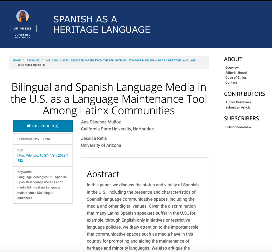 ⏩ New publication! 'Bilingual and Spanish Language Media in the U.S. as a Language Maintenance Tool Among Latinx Communities' in: Spanish as a Heritage Language Journal Link: journals.upress.ufl.edu/shl/article/vi…