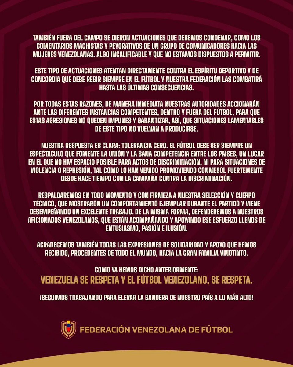 ℹ️ El comunicado de la Federación Venezolana de Fútbol luego de los incidentes en la previa y después del partido ante Perú por #EliminatoriasEnDSPORTS.
