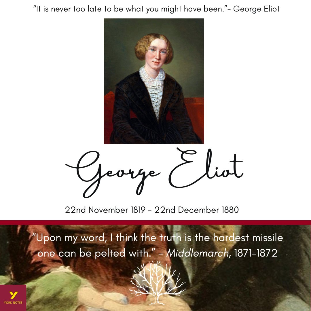 YorkNotes's tweet photo. #onthisday George Eliot was born in 1819!  #funfact Her real name was Mary Anne Evans, but she chose a male pen name so her work wouldn't be discarded. She wrote Middlemarch, The Mill on the Floss and Silas Marner. 👀at our study guides on her works here https://t.co/x1T0SpTHt9 https://t.co/sm4f5IfeBP