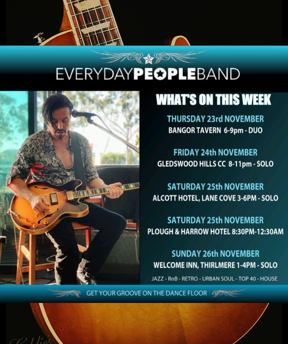 𝗘𝗩𝗘𝗥𝗬𝗗𝗔𝗬 𝗣𝗘𝗢𝗣𝗟𝗘 𝗕𝗔𝗡𝗗
WHAT'S ON THIS WEEK ☀️ 

☆ JAZZ ☆ RnB ☆ RETRO ☆ URBAN SOUL ☆ TOP 40 ☆ HOUSE

#sydneyweddingband #weddingentertainment #weddingdjsydney #sydneyjazzband #corporateentertainment #weddingsingersydney #livemusicsydney