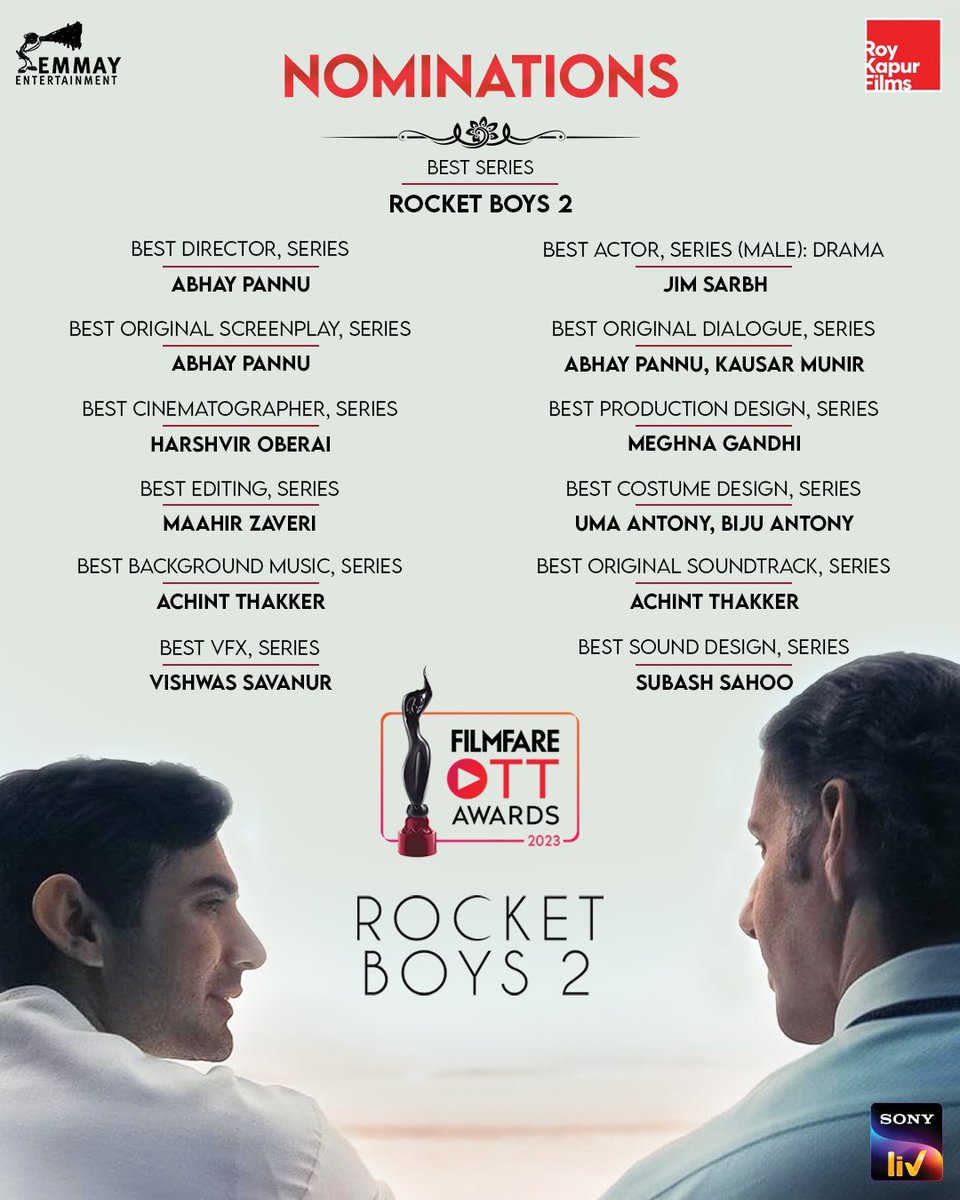 The journey to the stars continues as #RocketBoys2 gets 13 nominations at the #FilmfareOTTAwards 🚀💫 @filmfare #FilmfareOTTAwards2023 #SiddharthRoyKapur @jimSarbh @IshwakSingh @ReginaCassandra #SabaAzad @_AajKaArjun_ @realabhaypannu #HarshvirOberai #SubashSahoo #MaahirZaveri…