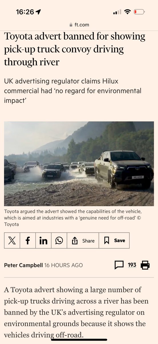 michaelcwood's tweet photo. “Toyota advert banned for showing pick-up truck convoy driving through river”

How is this part of the remit of the Advertising Standards Agency?!

Mental. https://t.co/MIopWHvjbK