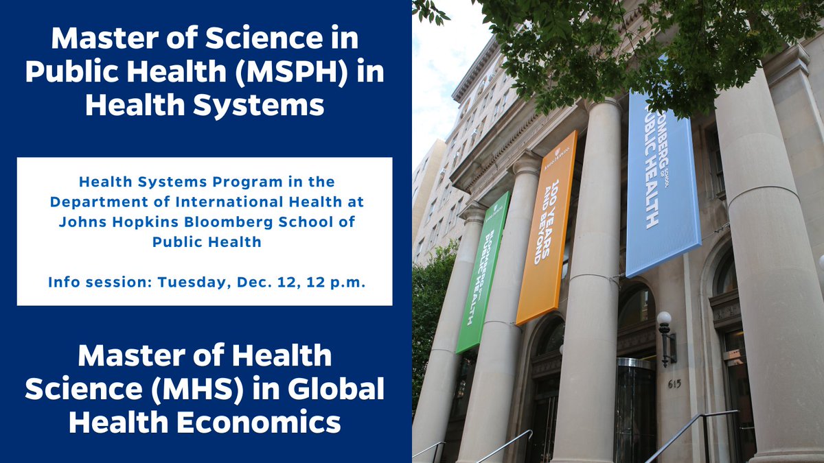 Interested in a master's degree in #GlobalHealth @JohnsHopkinsSPH? We will be hosting an info session on our 2 programs on Dec. 12. Join to learn more about the degree programs, tips on applying, and career opportunities after graduation. @JohnsHopkinsIH applygrad.jhu.edu/register/?id=9…