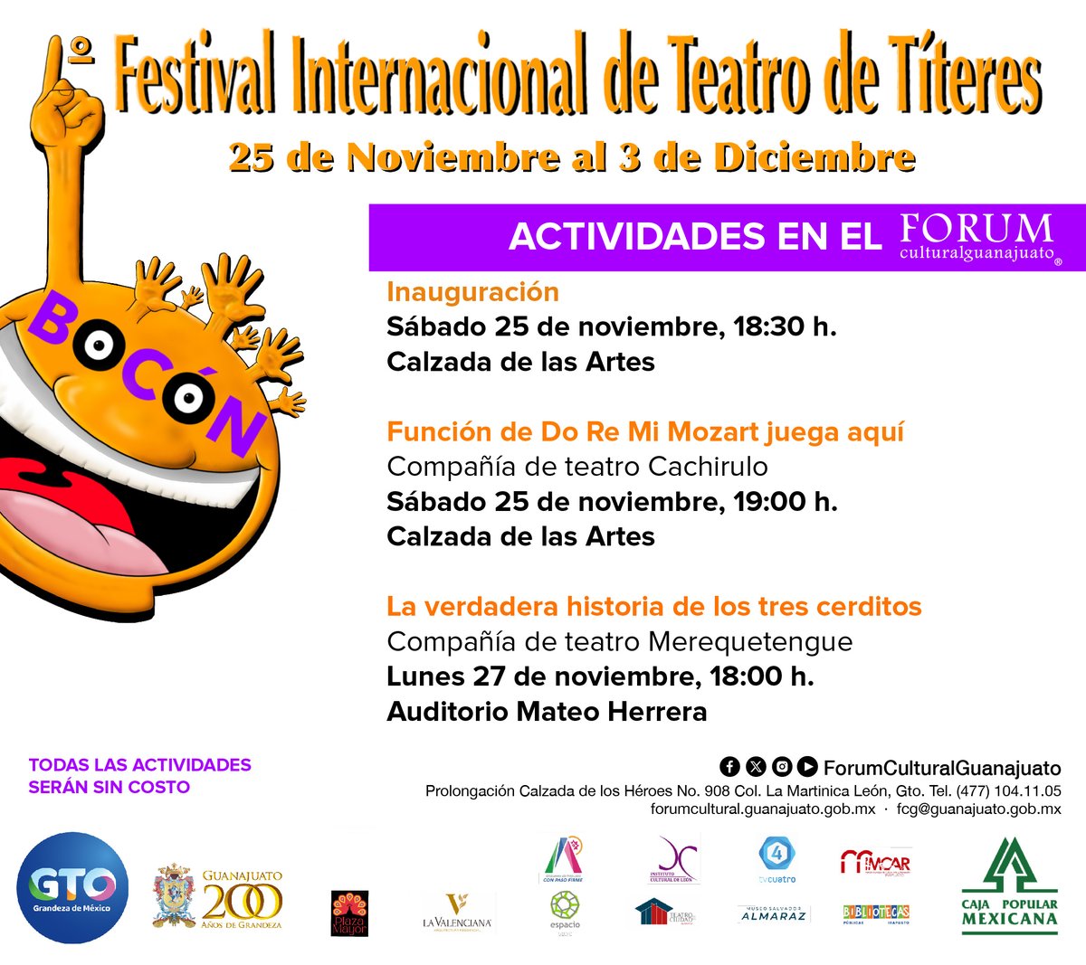 ForumCultural's tweet photo. El 1º Festival Internacional de Teatro de Títeres  BOCÓN ya está aquí y seremos sede de algunas de sus actividades.

Este festival reúne lo mejor de la escena nacional e internacional.

Consulta todos los detalles de cada presentación en nuestra agenda en https://t.co/k6vSCVlUZw https://t.co/0ZFhv6qdpA