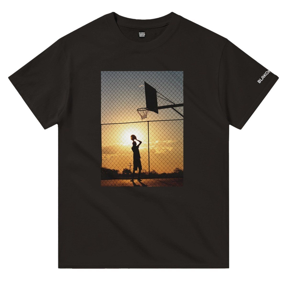 Blakonik's tweet photo. "B-Ball at Sunset" Crewneck Tee – This tee features a striking photograph of a young male practicing alone at a city basketball court at the golden hour of sunset, capturing the essence of dedication and passion #HipHop #BBall #HipHopShirt #GraphicT https://t.co/F6e7gewJSj https://t.co/iyXGiySIXW