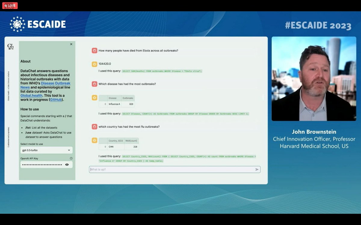 Very cool talk about #AI in #PublicHealth by @johnbrownstein @Harvard at #ESCAIDE2023. And important question being asked: will AI facilitate health equity or will it exacerbate divides that we already see. Thanks @Chikwe_I for the moderation of the conversation. #surveillance…