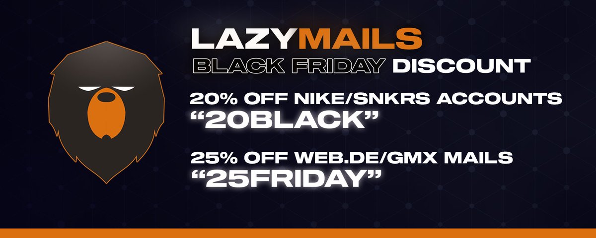 🤑BLACK WEEK SALE

🏷️ Use code 20BLACK for 20% off SNKRS Accounts
🏷️ Use code 25FRIDAY for 25% off Mails

🧡+♻️ for some FREE Accounts in your DMs!