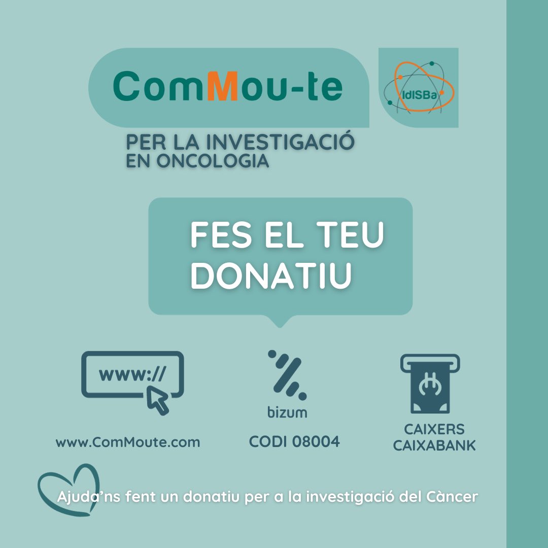 commoute's tweet image. 🧡 AJUDA'NS AMB EL TEU DONATIU 🧡
Vols impulsar la investigació oncològica a les Illes Balears? Ajuda’ns amb el teu donatiu a la investigació contra el Càncer!
Ets a temps fins el 31 de gener. Si sumem més recursos, més investigació es podrà fer! ⬇️
@idisbaib @OncoHematIdISBa