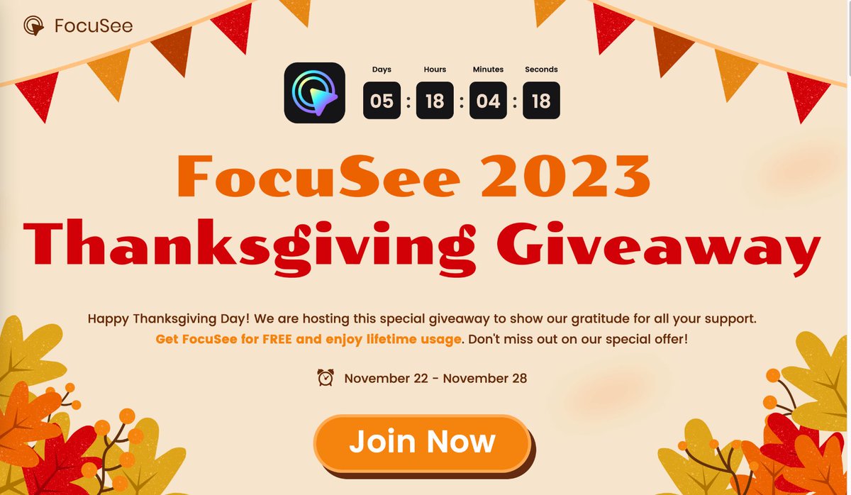 TBFTTH1's tweet image. #FocuSee 2023 #Thanksgiving Giveaway! 🎁🎁 With FocuSee, you can create engaging Screen Recording with automatic zoom effects, various cursor styles and click effects. Check more info 👇
@FocuSeeHQ