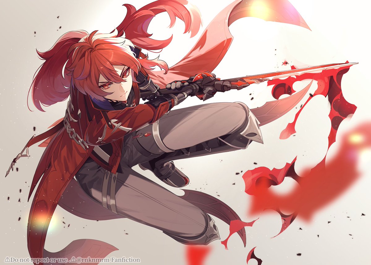 diluc (genshin impact) 1boy male focus red eyes red hair weapon sword ponytail  illustration images